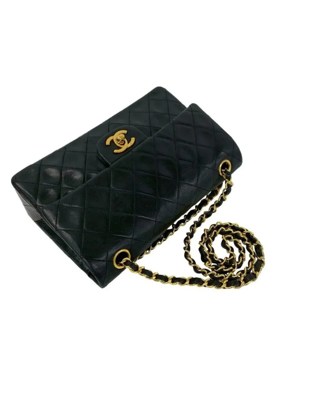Chanel Quilted CC Logo Double Flap Lambskin Chain Shoulder Bag Black